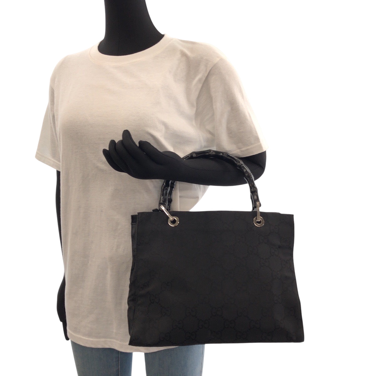 GUCCI Tote Bag 002 1015 GG canvas Black Silver Metal Tote Bag handbag Bamboo Women Used Authentic
