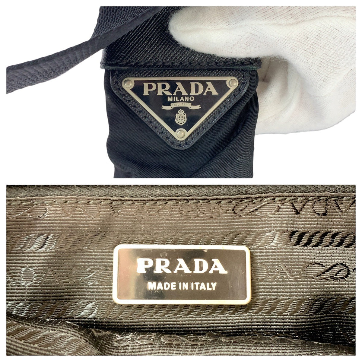 PRADA Shoulder Bag Nylon, Leather BlackSilverMetal Shoulder Bag Pochette Unisex Test Triangle With logo Women Used Authentic