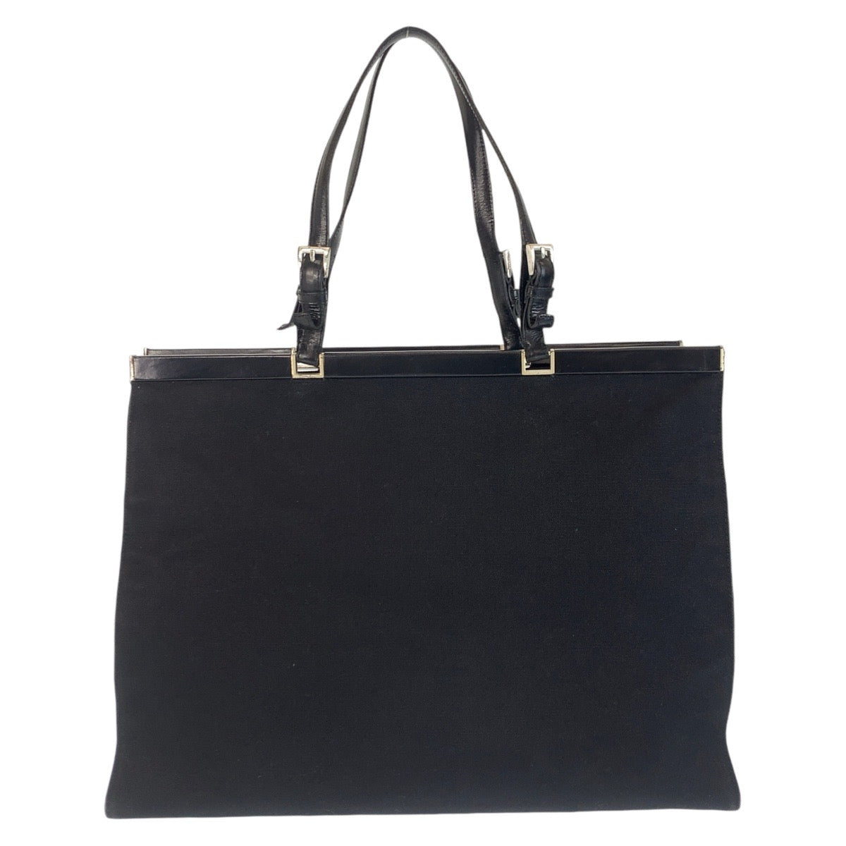 PRADA Tote Bag canvas BlackSilverMetal Tote Bag Shoulder Bag Triangle With logo Women Used Authentic