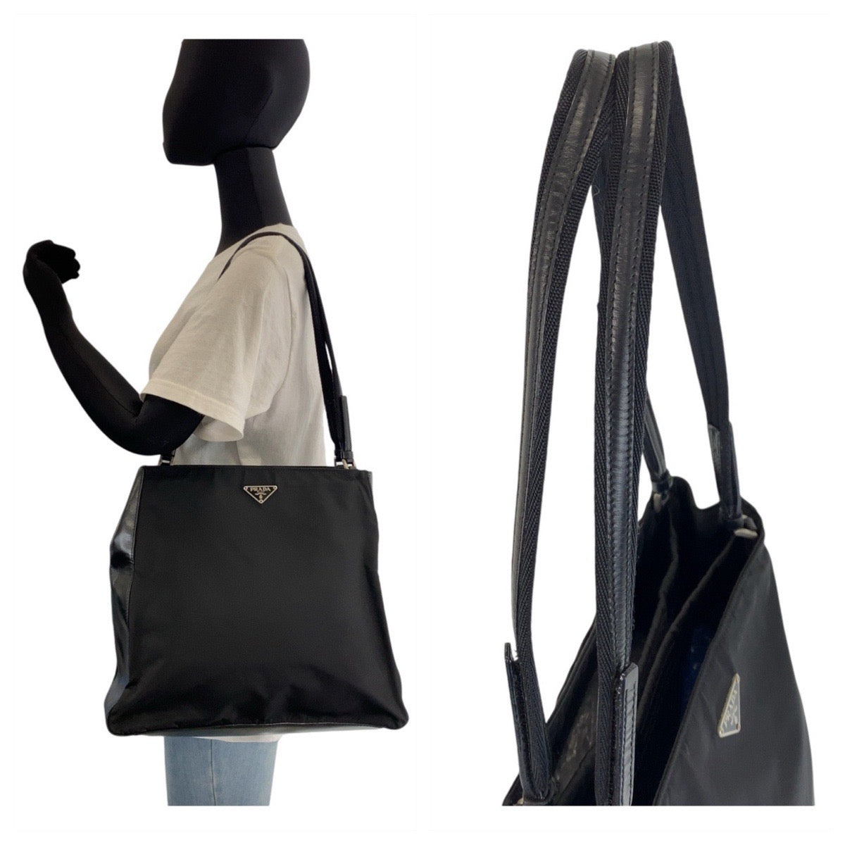 PRADA Tote Bag Nylon BlackSilverMetal Tote Bag Shoulder Bag Test Triangle With logo Women Used Authentic