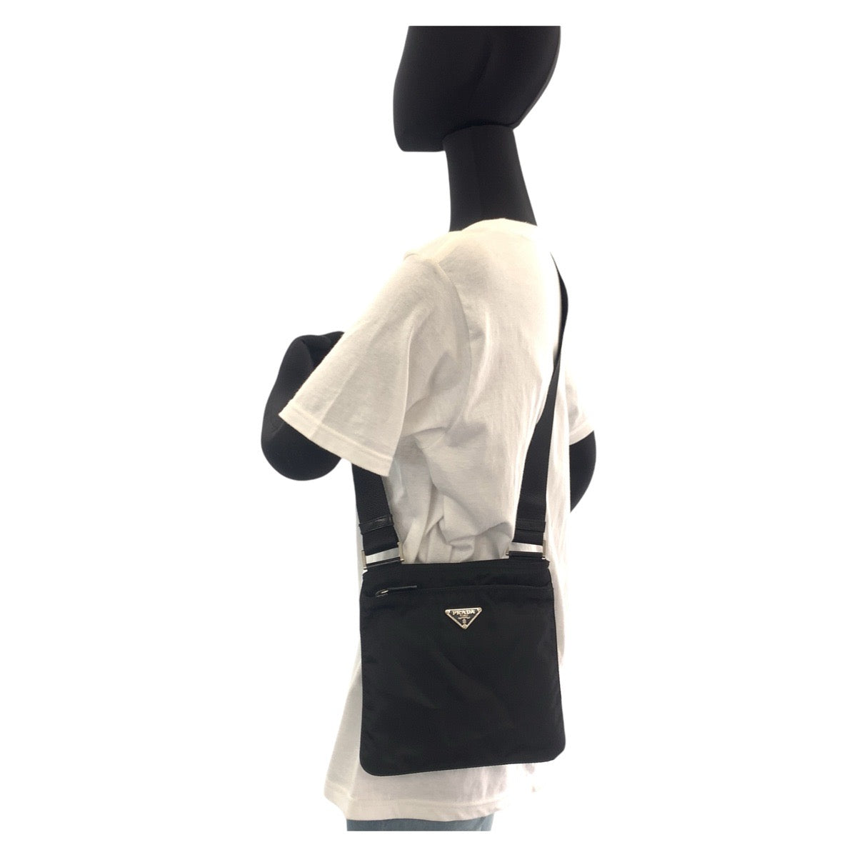 PRADA Shoulder Bag Nylon Black Silver Metal Crossbody Shoulder Bag Pochette Test Triangle With logo Women Used Authentic