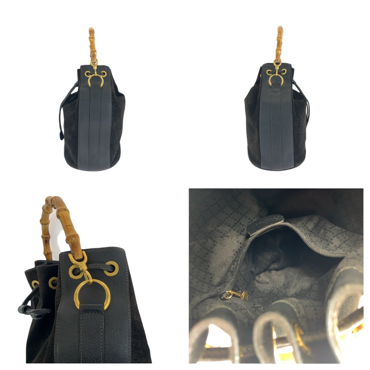 GUCCI Handbag 001 2040 1657 Suede, Leather Black Gold Metal Bamboo Women Used Authentic