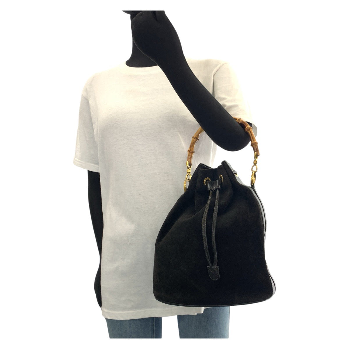 GUCCI Handbag 001 2040 1657 Suede, Leather Black Gold Metal Bamboo Women Used Authentic