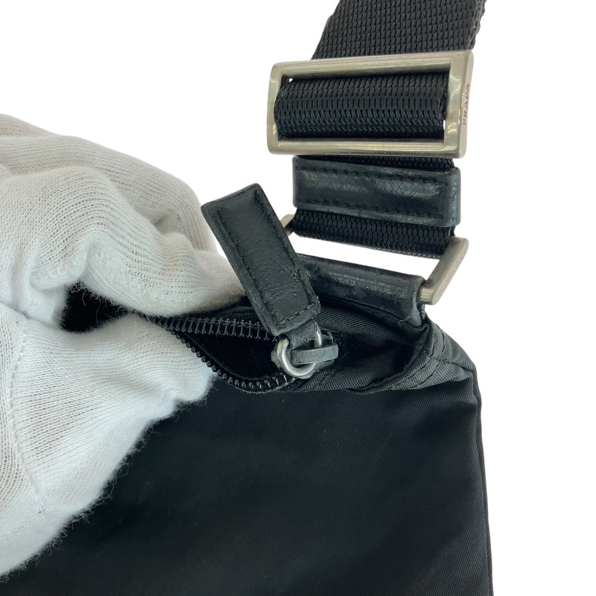 PRADA Shoulder Bag Nylon Black SilverMetal Shoulder Bag pochette Test Triangle With logo Women Used Authentic