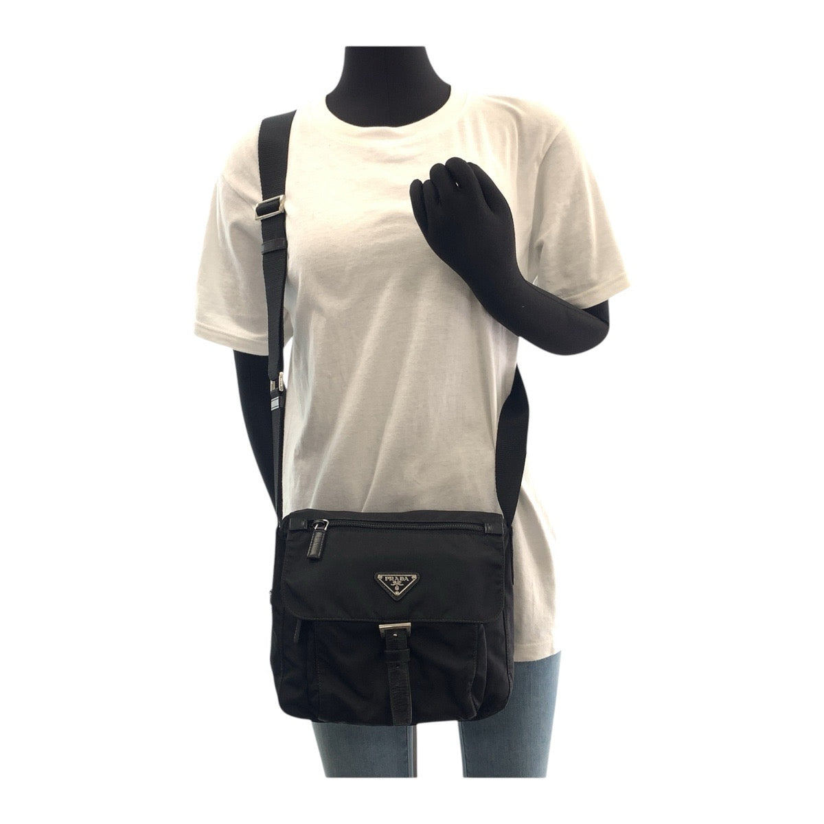 PRADA Shoulder Bag Nylon Black SilverMetal Shoulder Bag pochette Test Triangle With logo Women Used Authentic