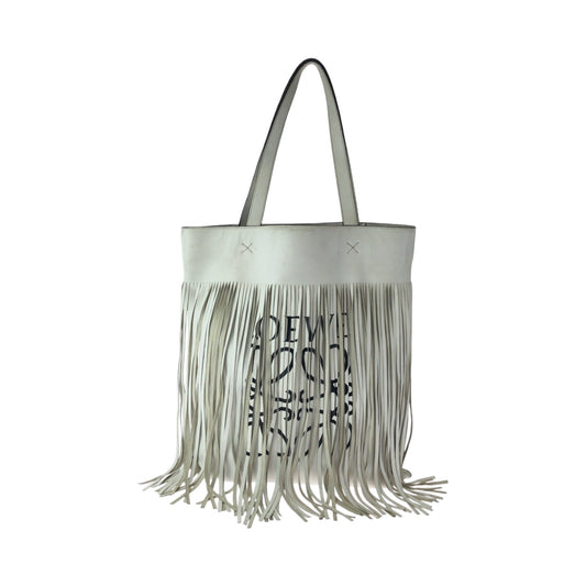 LOEWE Tote Bag leather White black Tote Bag Shoulder Bag anagram Logo Design Bar Tikal Fringe Women Used Authentic