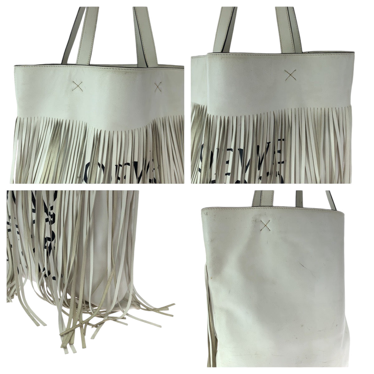 LOEWE Tote Bag leather White black Tote Bag Shoulder Bag anagram Logo Design Bar Tikal Fringe Women Used Authentic