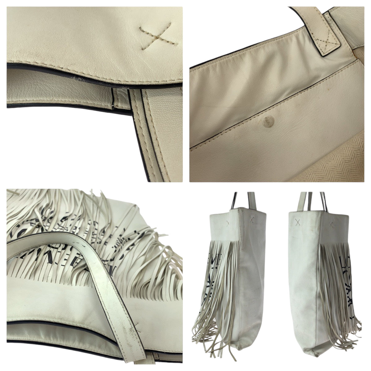LOEWE Tote Bag leather White black Tote Bag Shoulder Bag anagram Logo Design Bar Tikal Fringe Women Used Authentic