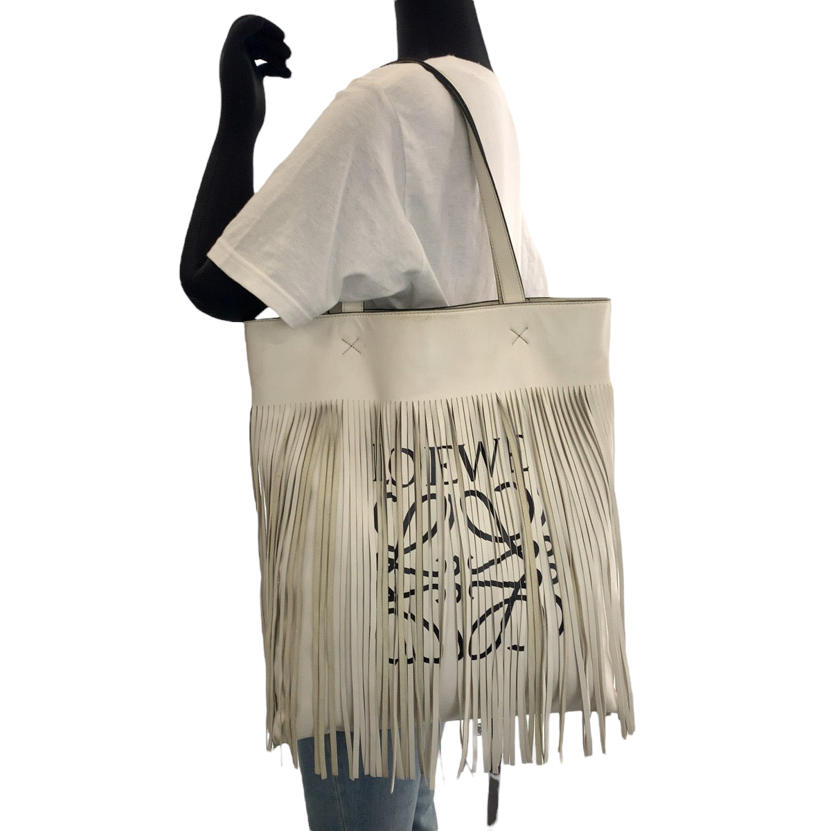 LOEWE Tote Bag leather White black Tote Bag Shoulder Bag anagram Logo Design Bar Tikal Fringe Women Used Authentic