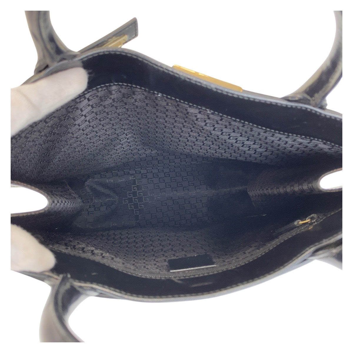 GUCCI Tote Bag 002 1091 leather Black Gold Metal Tote Bag Women Used Authentic