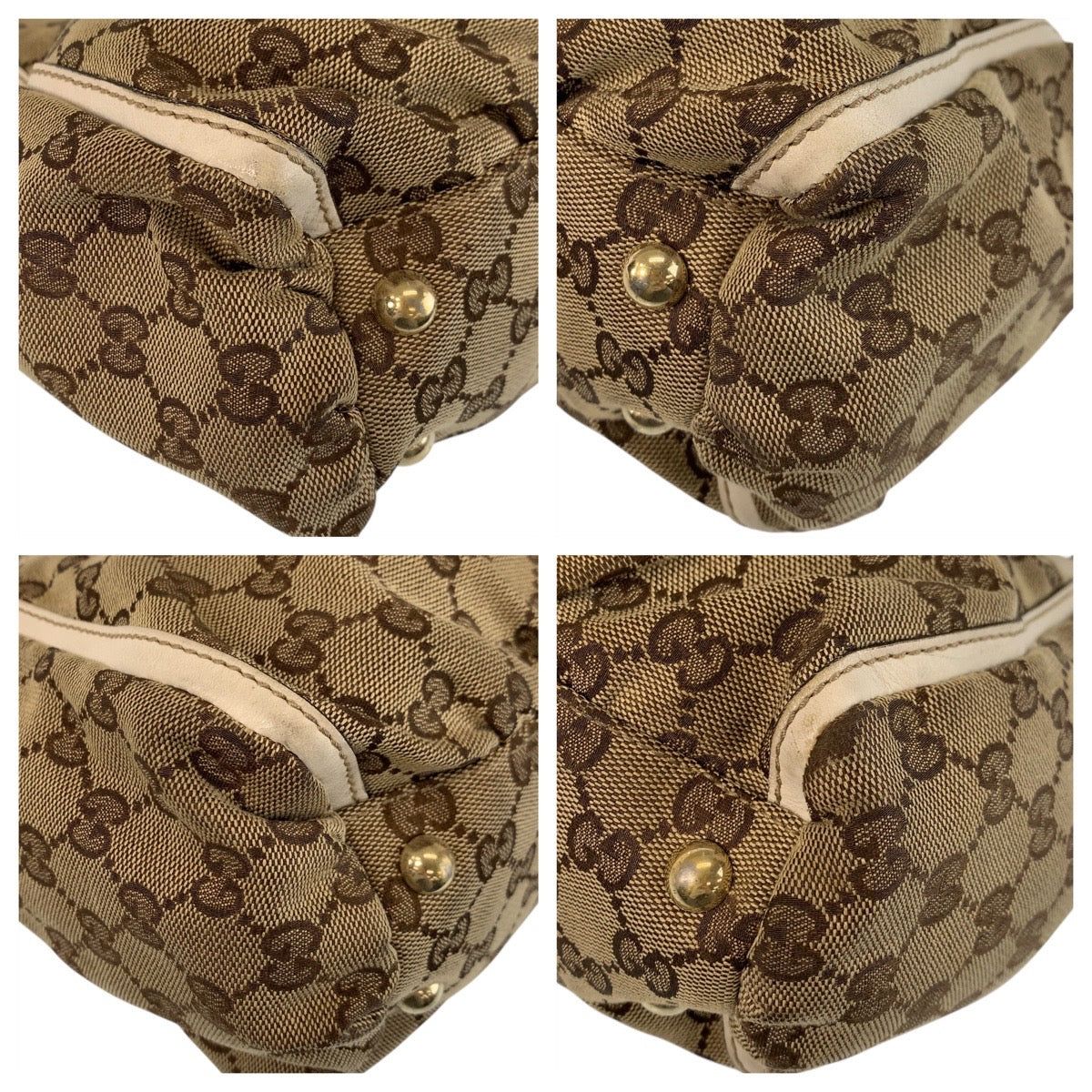 GUCCI Tote Bag 189831 GG canvas, leather Beige White Gold Metal Tote Bag Shoulder Bag Women Used Authentic