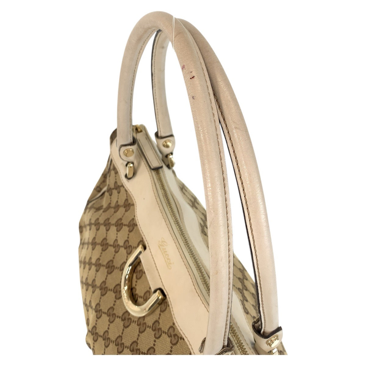GUCCI Tote Bag 189831 GG canvas, leather Beige White Gold Metal Tote Bag Shoulder Bag Women Used Authentic