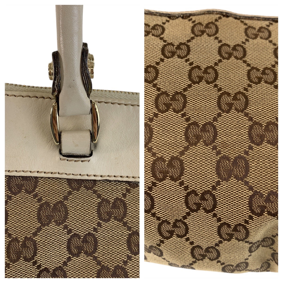 GUCCI Tote Bag 189831 GG canvas, leather Beige White Gold Metal Tote Bag Shoulder Bag Women Used Authentic