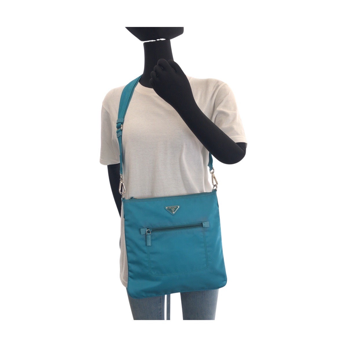 PRADA Shoulder Bag Nylon Light Blue Emerald SilverMetal Shoulder Bag pochette Test Triangle With logo Women Used Authentic