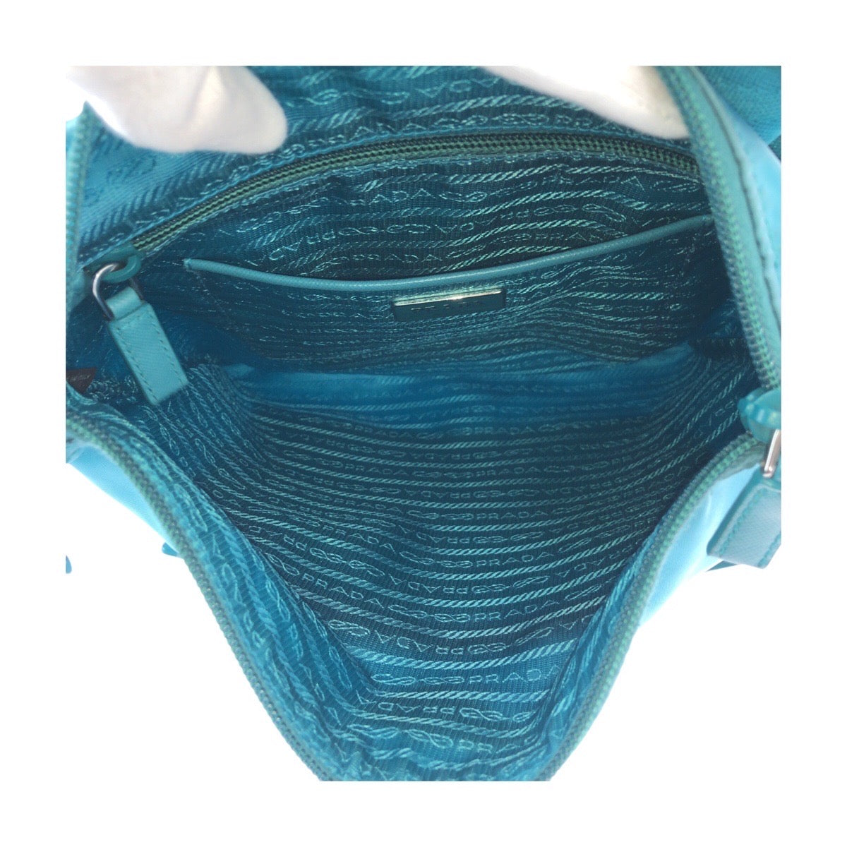 PRADA Shoulder Bag Nylon Light Blue Emerald SilverMetal Shoulder Bag pochette Test Triangle With logo Women Used Authentic