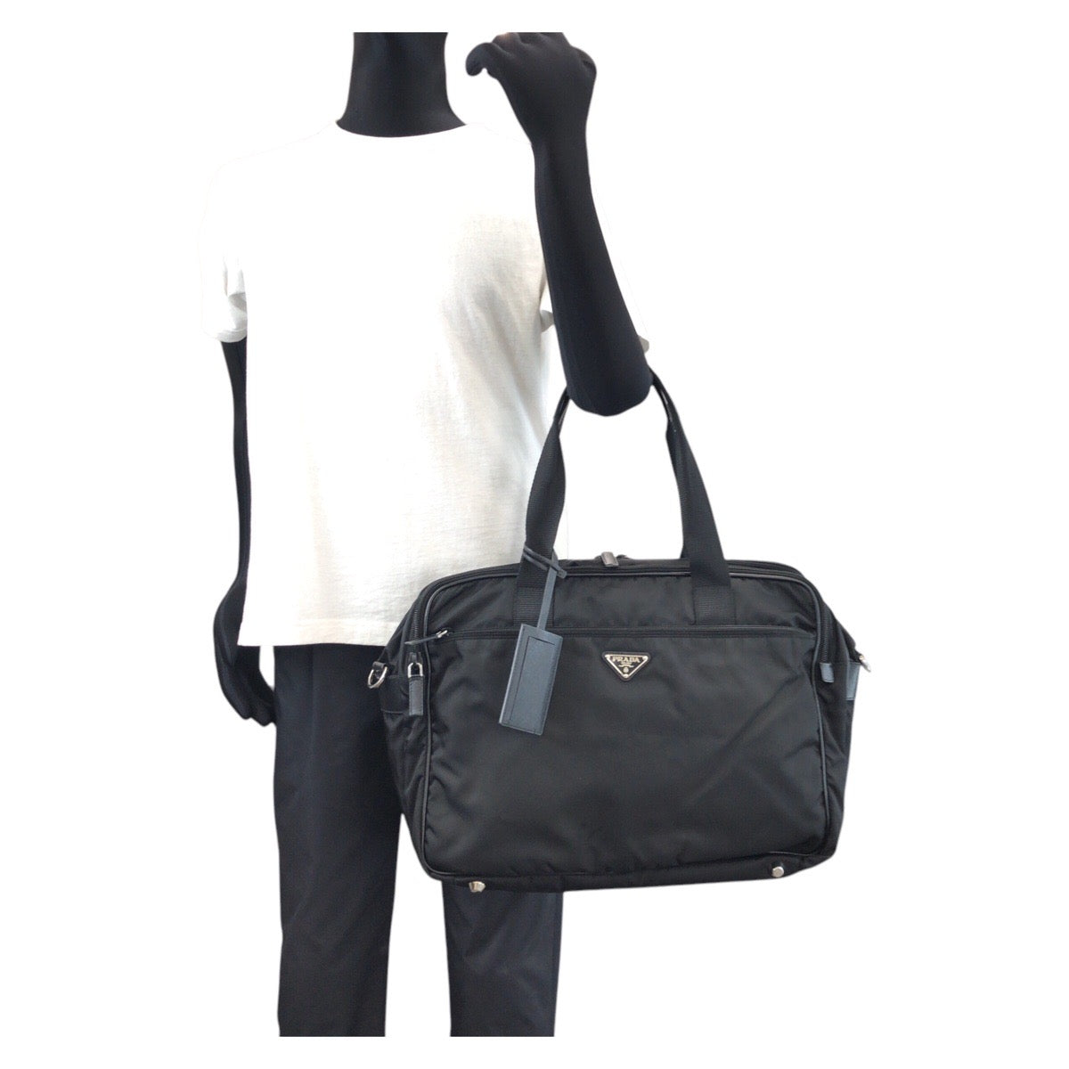 PRADA Business bag Nylon, Leather Black SilverMetal Business bag Briefcase 2way Testo Saffiano Triangle With logo mens Used Authentic