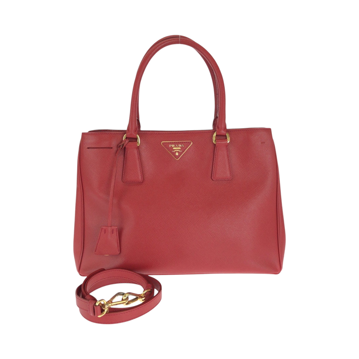 PRADA Tote Bag leather Red Gold Metal Tote Bag handbag Galleria Saffiano Triangle With logo Women Used Authentic