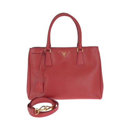 PRADA Tote Bag leather Red Gold Metal Tote Bag handbag Galleria Saffiano Triangle With logo Women Used Authentic