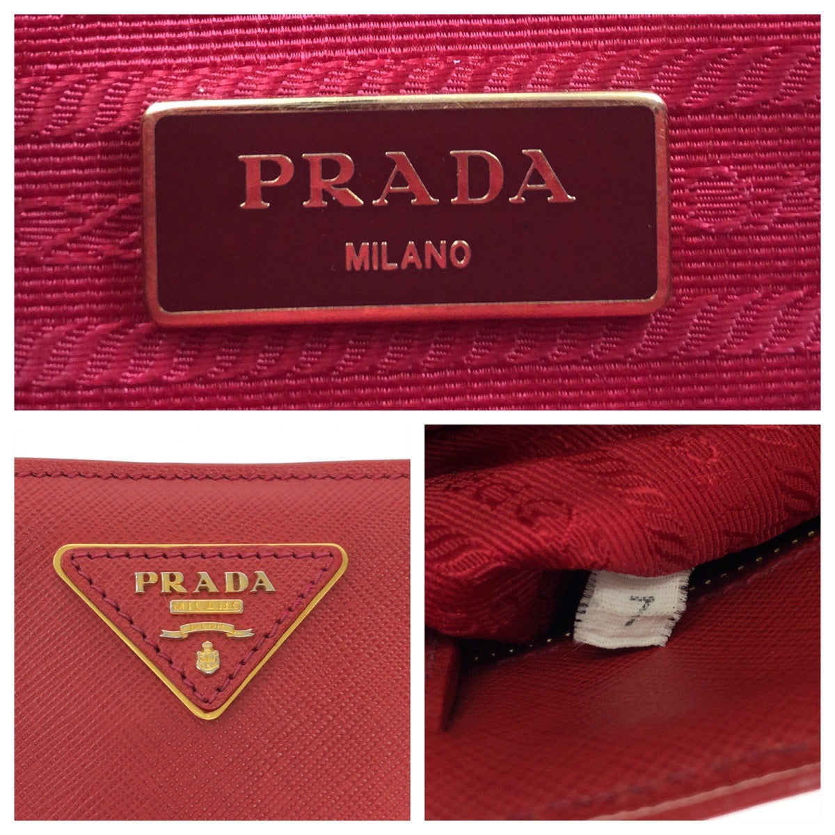PRADA Tote Bag leather Red Gold Metal Tote Bag handbag Galleria Saffiano Triangle With logo Women Used Authentic
