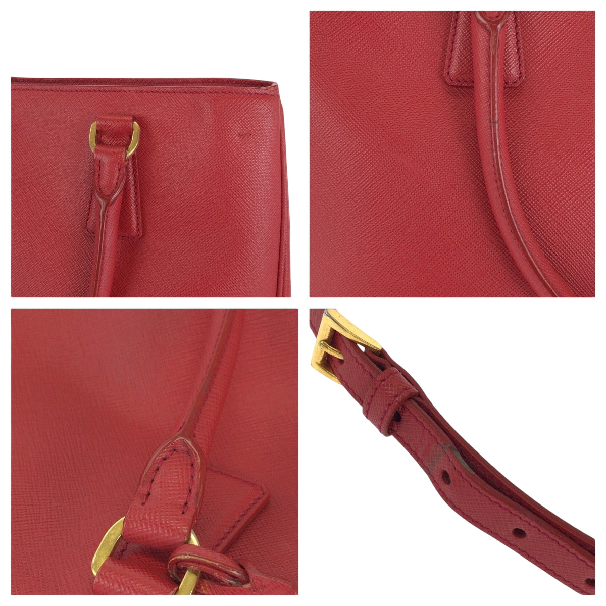 PRADA Tote Bag leather Red Gold Metal Tote Bag handbag Galleria Saffiano Triangle With logo Women Used Authentic