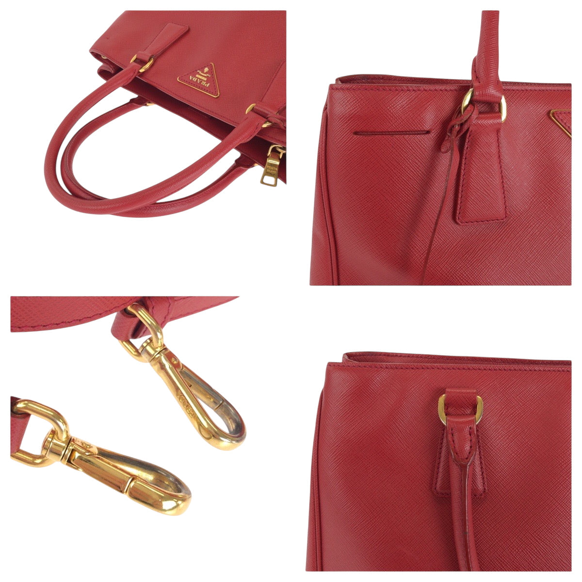 PRADA Tote Bag leather Red Gold Metal Tote Bag handbag Galleria Saffiano Triangle With logo Women Used Authentic