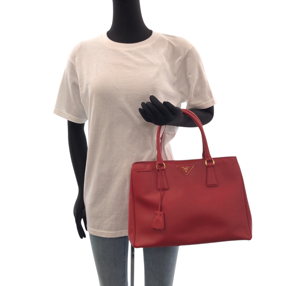 PRADA Tote Bag leather Red Gold Metal Tote Bag handbag Galleria Saffiano Triangle With logo Women Used Authentic