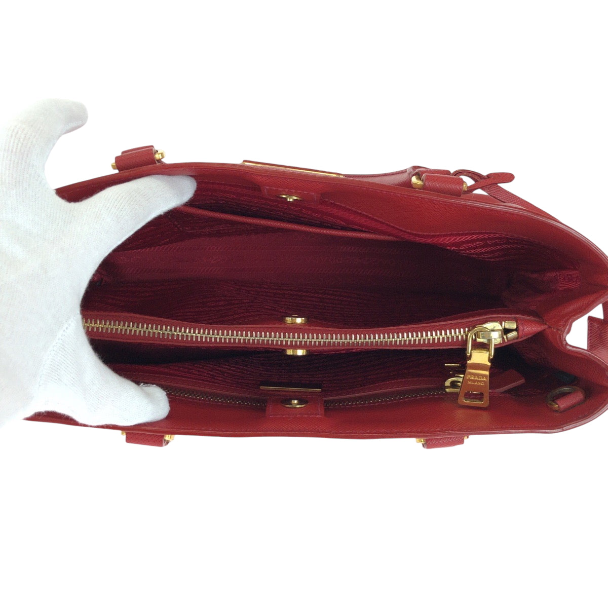 PRADA Tote Bag leather Red Gold Metal Tote Bag handbag Galleria Saffiano Triangle With logo Women Used Authentic