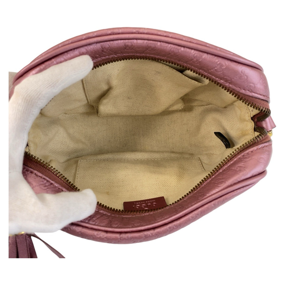 GUCCI Shoulder Bag 309538 leather Metallic Pink GoldMetal Crossbody Shoulder Bag Pochette Micro Guccisima Women Used Authentic