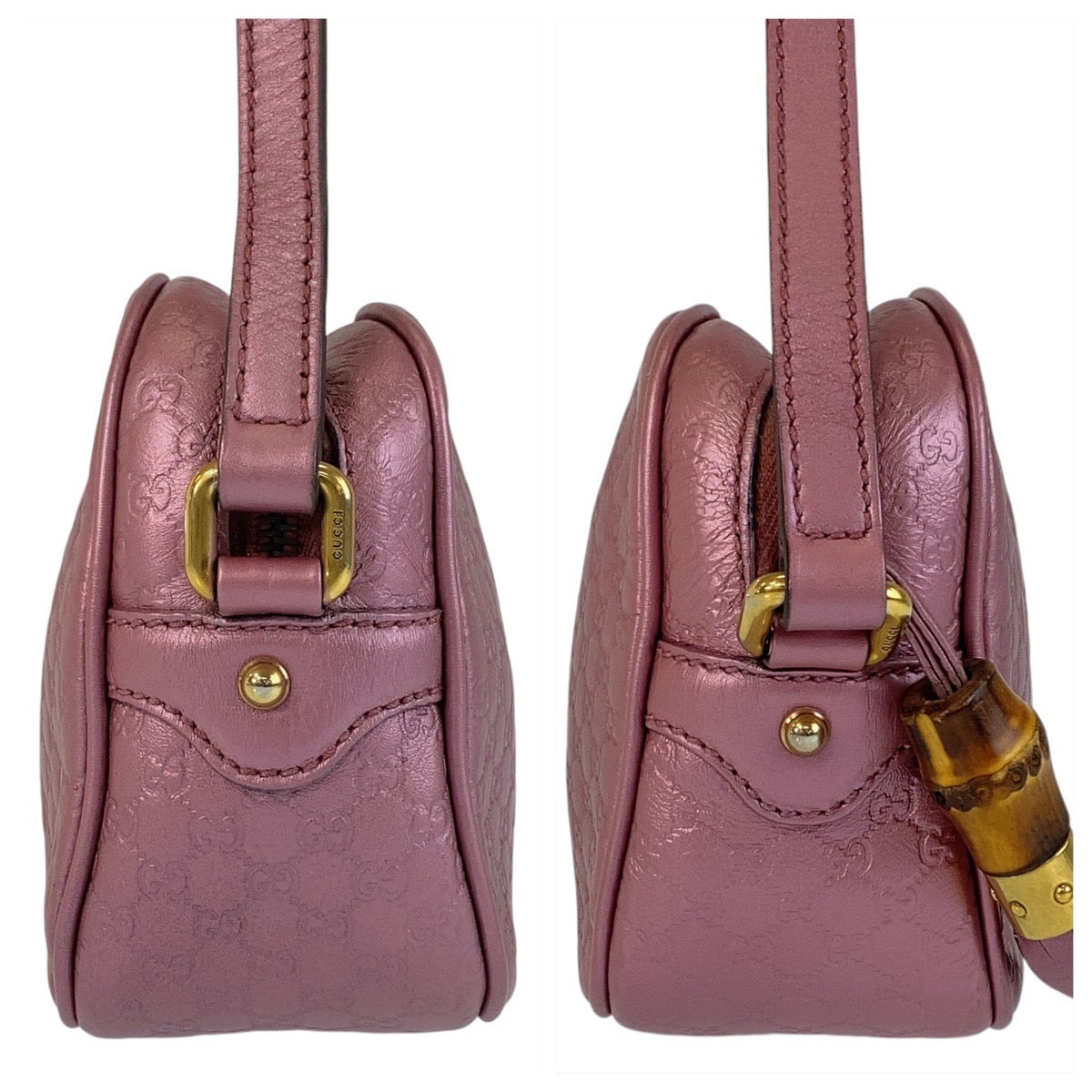 GUCCI Shoulder Bag 309538 leather Metallic Pink GoldMetal Crossbody Shoulder Bag Pochette Micro Guccisima Women Used Authentic