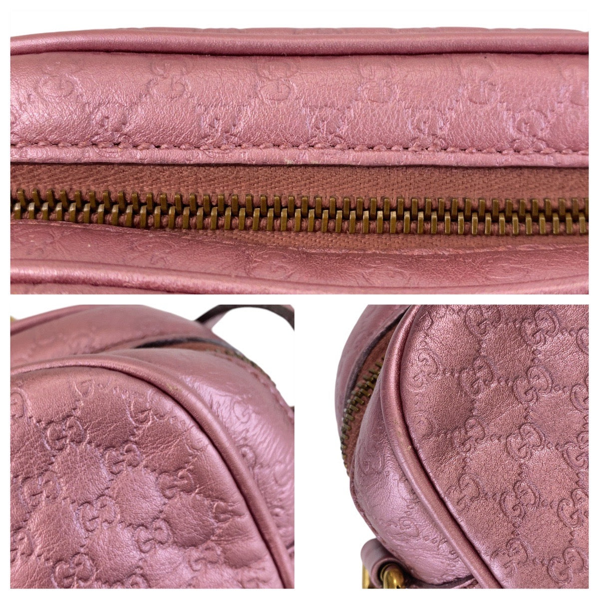 GUCCI Shoulder Bag 309538 leather Metallic Pink GoldMetal Crossbody Shoulder Bag Pochette Micro Guccisima Women Used Authentic