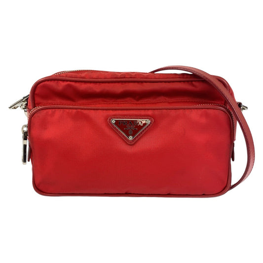 PRADA Shoulder Bag Nylon Red Silver Metal Crossbody Shoulder Bag Pochette Test Triangle With logo Women Used Authentic