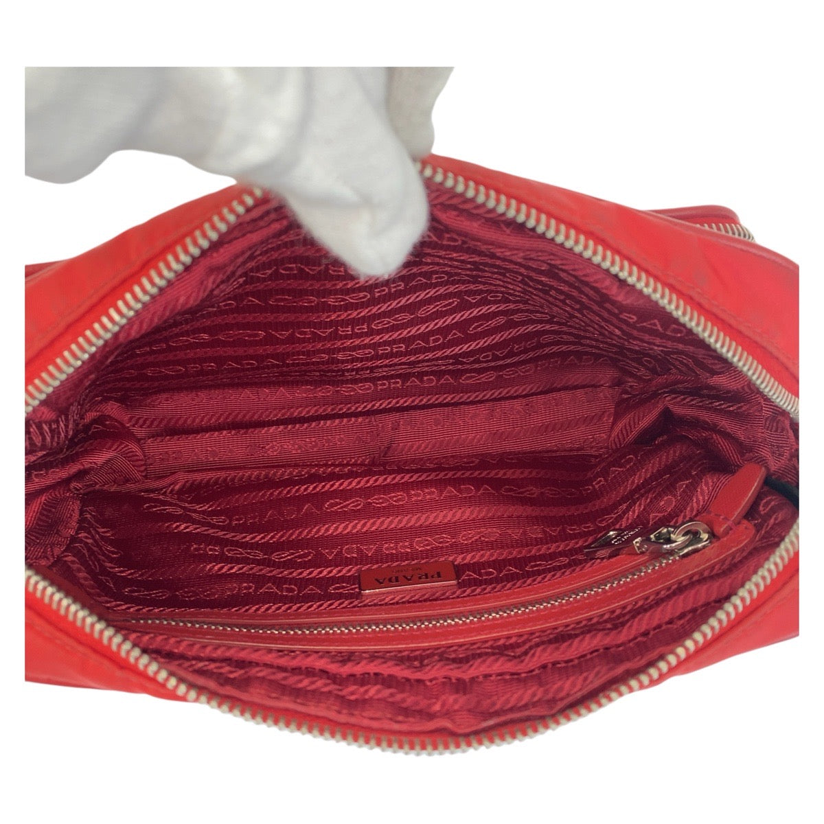 PRADA Shoulder Bag Nylon Red Silver Metal Crossbody Shoulder Bag Pochette Test Triangle With logo Women Used Authentic
