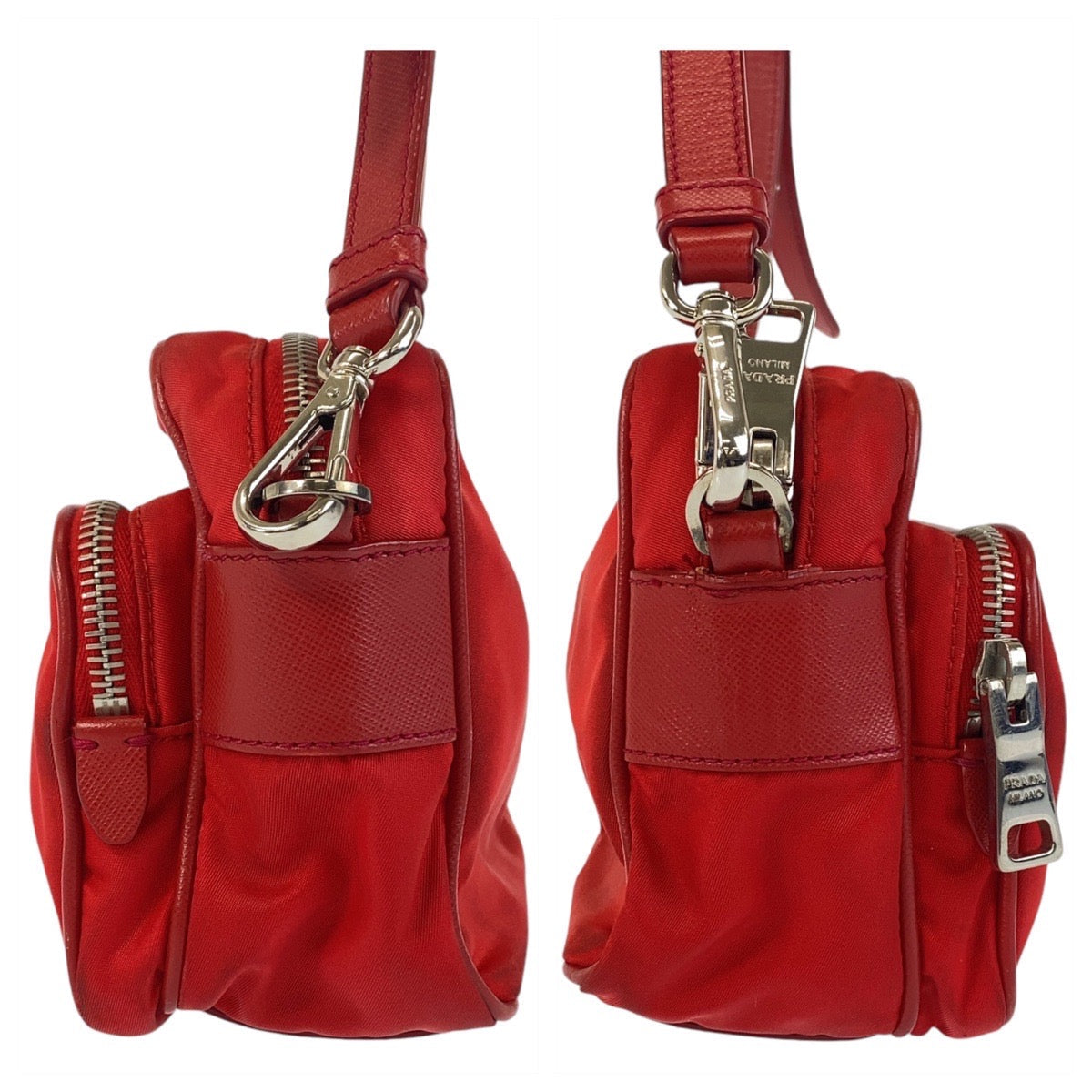 PRADA Shoulder Bag Nylon Red Silver Metal Crossbody Shoulder Bag Pochette Test Triangle With logo Women Used Authentic