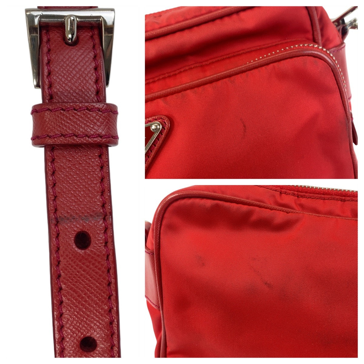 PRADA Shoulder Bag Nylon Red Silver Metal Crossbody Shoulder Bag Pochette Test Triangle With logo Women Used Authentic