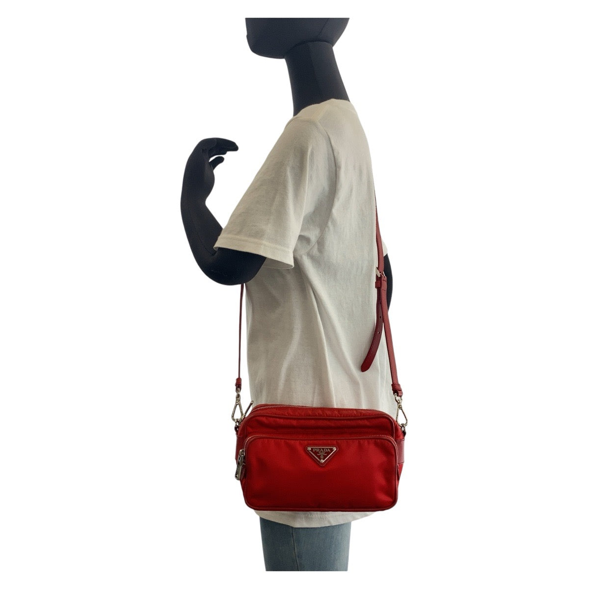 PRADA Shoulder Bag Nylon Red Silver Metal Crossbody Shoulder Bag Pochette Test Triangle With logo Women Used Authentic