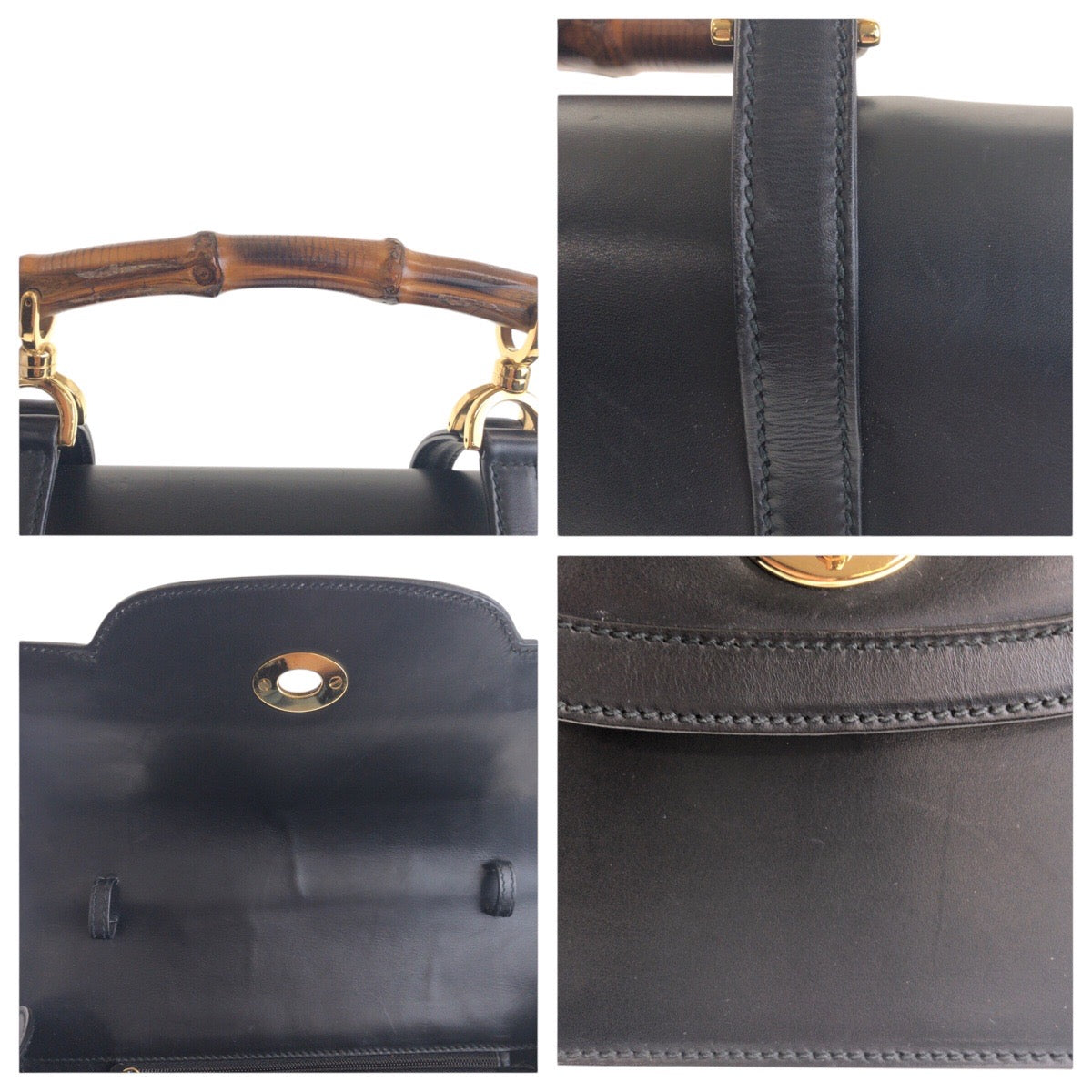 GUCCI Handbag 000 113 0231 leather Black GoldMetal Bamboo Women Used Authentic