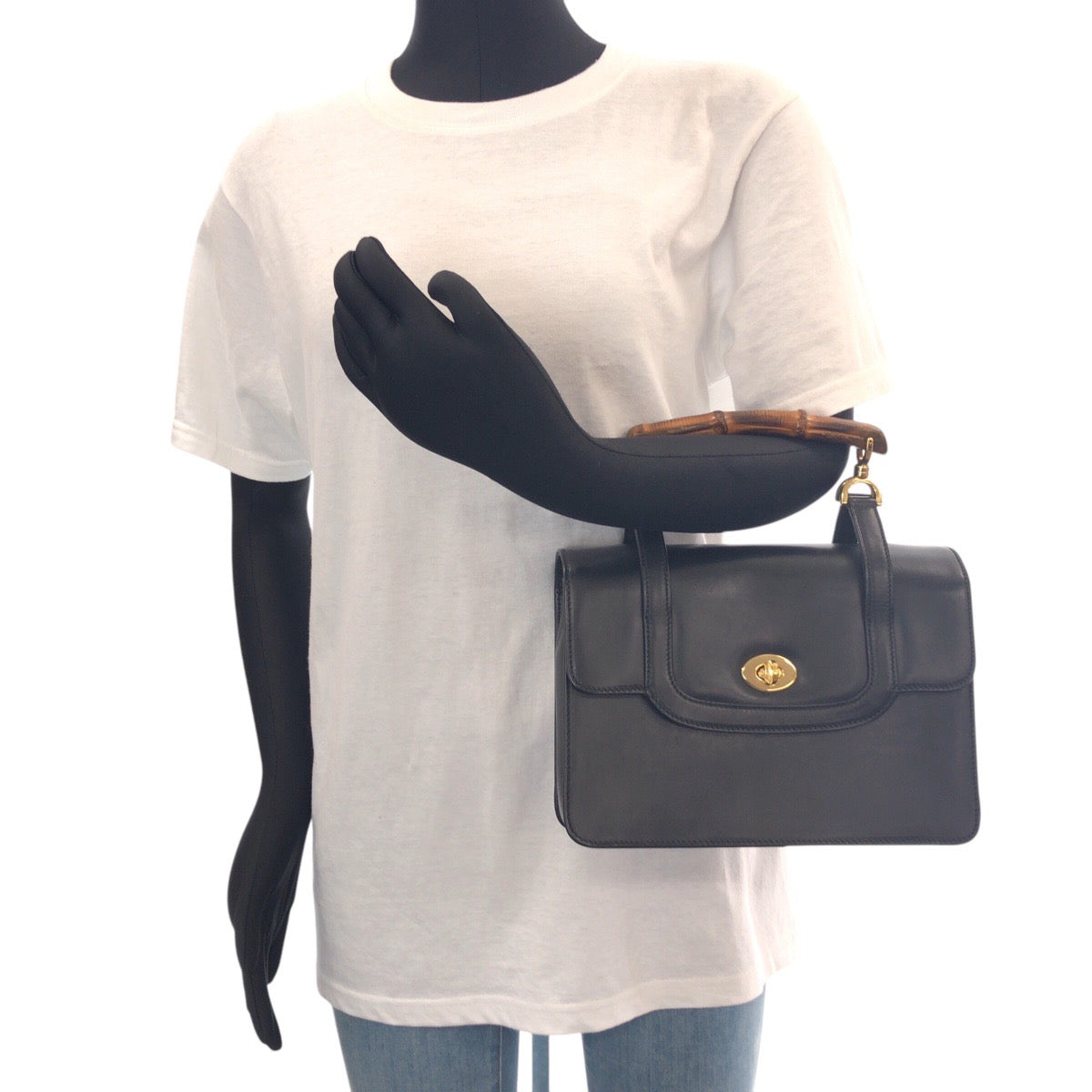 GUCCI Handbag 000 113 0231 leather Black GoldMetal Bamboo Women Used Authentic