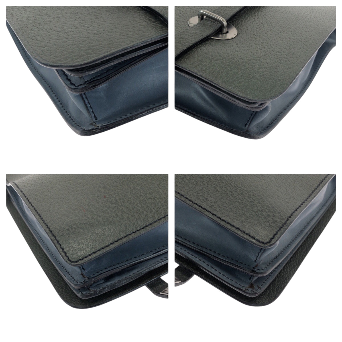 PRADA Business bag leather Green Blue SilverMetal Business bag handbag Bicolor triangleWith logo mens Used Authentic