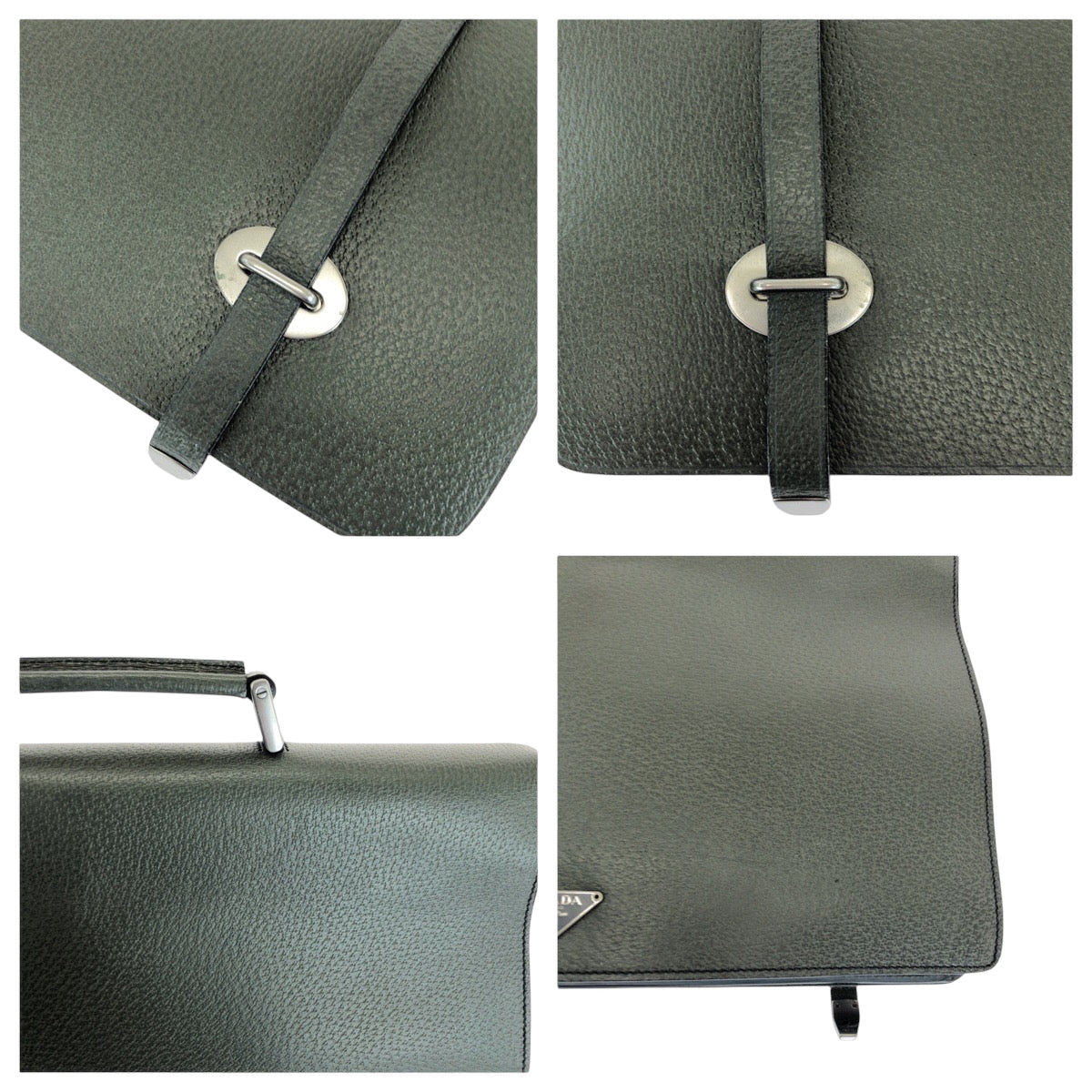 PRADA Business bag leather Green Blue SilverMetal Business bag handbag Bicolor triangleWith logo mens Used Authentic