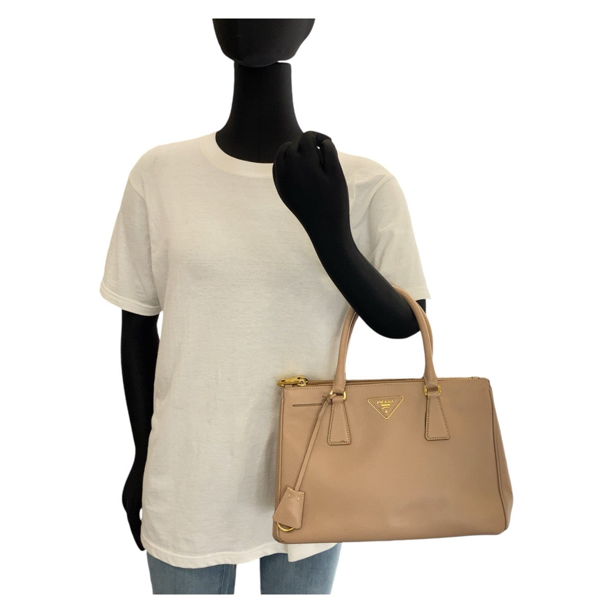 PRADA Handbag leather Beige Gold Metal Handbag Crossbody Shoulder Bag 2way Safiano Galleria TriangleWith logo Women Used Authentic