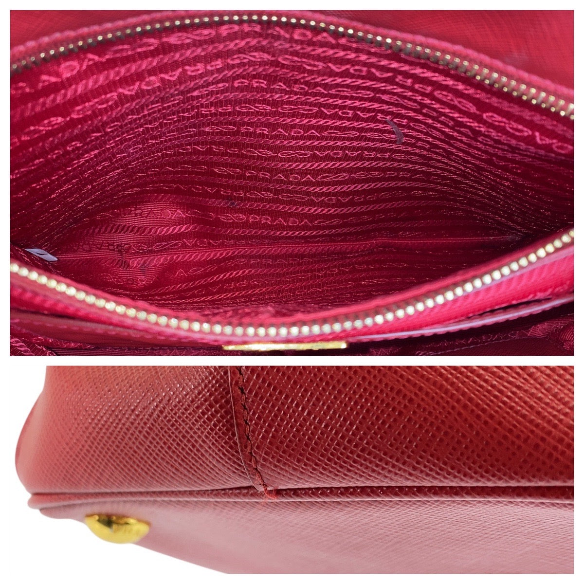 PRADA Handbag leather Red Gold Metal Handbag Safiano Galleria Women Used Authentic