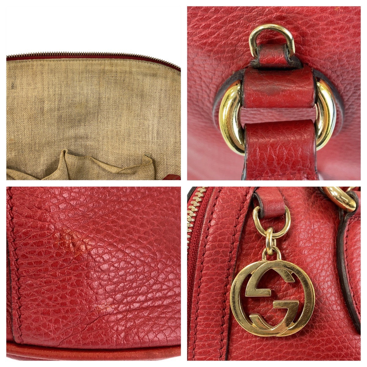 GUCCI Handbag 449662 leather Red Gold Metal Handbag Shoulder Bag 2way Interlocking Women Used Authentic
