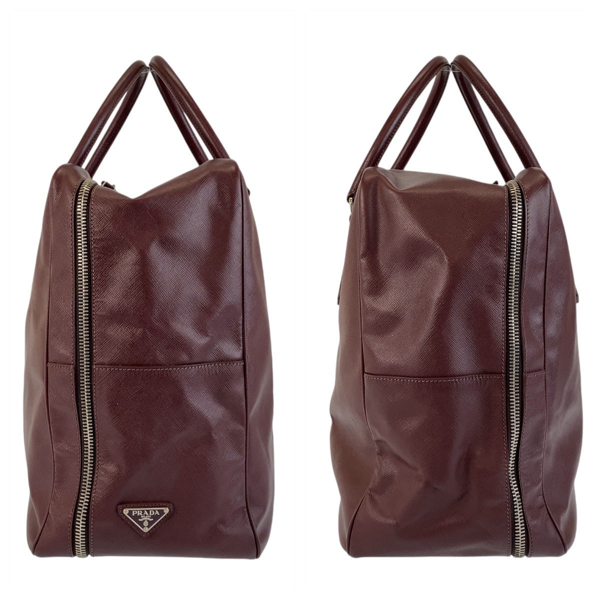 PRADA Boston Duffel bag leather Wine Red SilverMetal Boston Duffel bag Business bag Safiano Triangle With logo mens Used Authentic