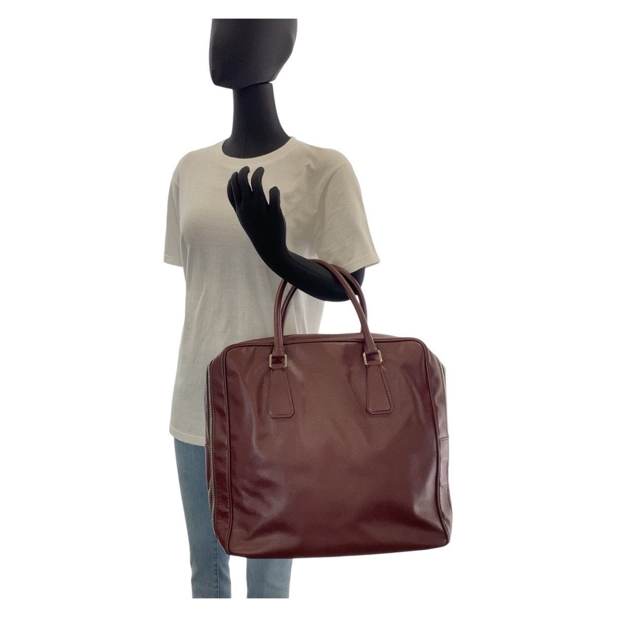 PRADA Boston Duffel bag leather Wine Red SilverMetal Boston Duffel bag Business bag Safiano Triangle With logo mens Used Authentic