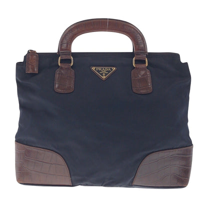 PRADA Tote Bag Nylon, Leather Navy Brown Gold Metal Tote Bag handbag Tessuto embossed Triangle With logo Women Used Authentic