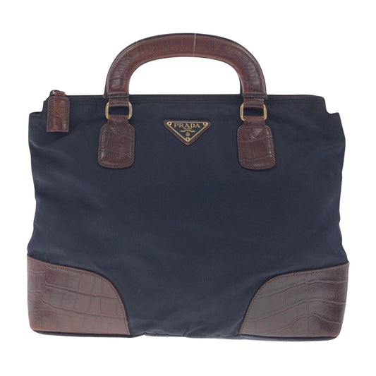 PRADA Tote Bag Nylon, Leather Navy Brown Gold Metal Tote Bag handbag Tessuto embossed Triangle With logo Women Used Authentic