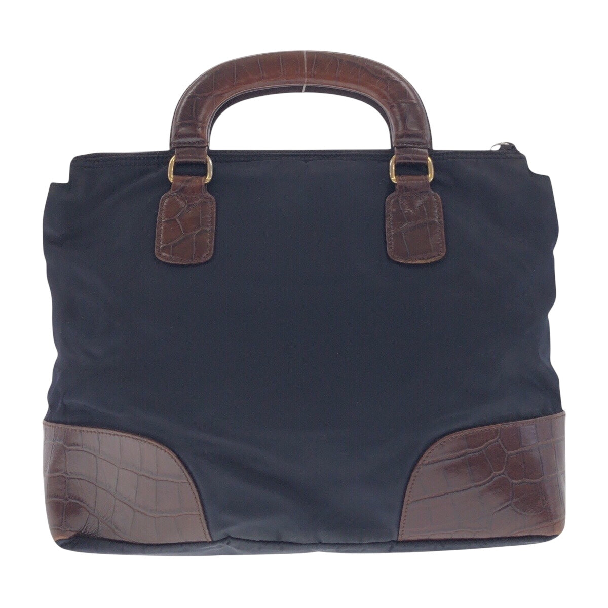 PRADA Tote Bag Nylon, Leather Navy Brown Gold Metal Tote Bag handbag Tessuto embossed Triangle With logo Women Used Authentic