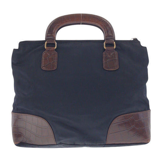 PRADA Tote Bag Nylon, Leather Navy Brown Gold Metal Tote Bag handbag Tessuto embossed Triangle With logo Women Used Authentic
