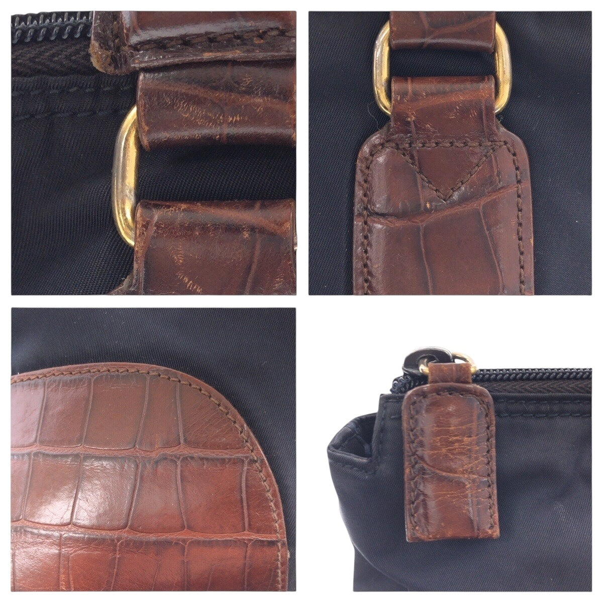 PRADA Tote Bag Nylon, Leather Navy Brown Gold Metal Tote Bag handbag Tessuto embossed Triangle With logo Women Used Authentic