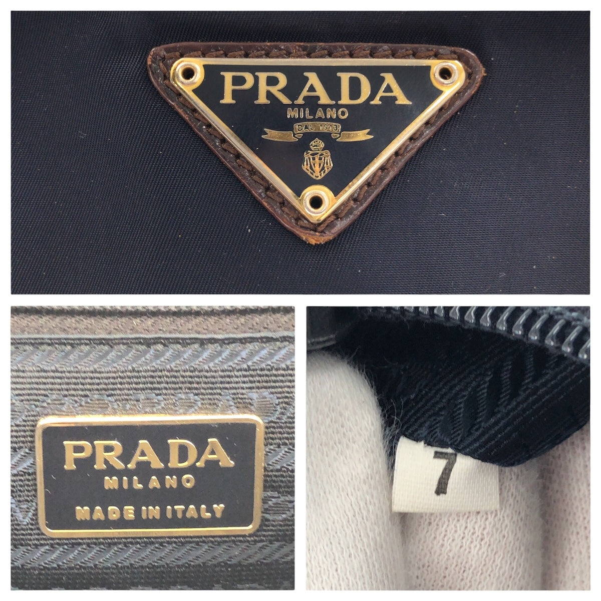PRADA Tote Bag Nylon, Leather Navy Brown Gold Metal Tote Bag handbag Tessuto embossed Triangle With logo Women Used Authentic